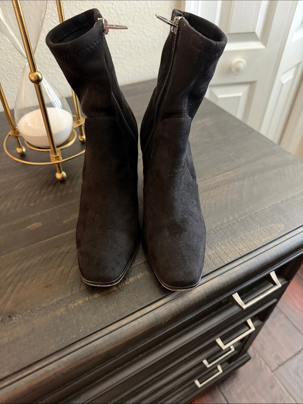 Black Suede Women's Ankle Boots with textured block heels.